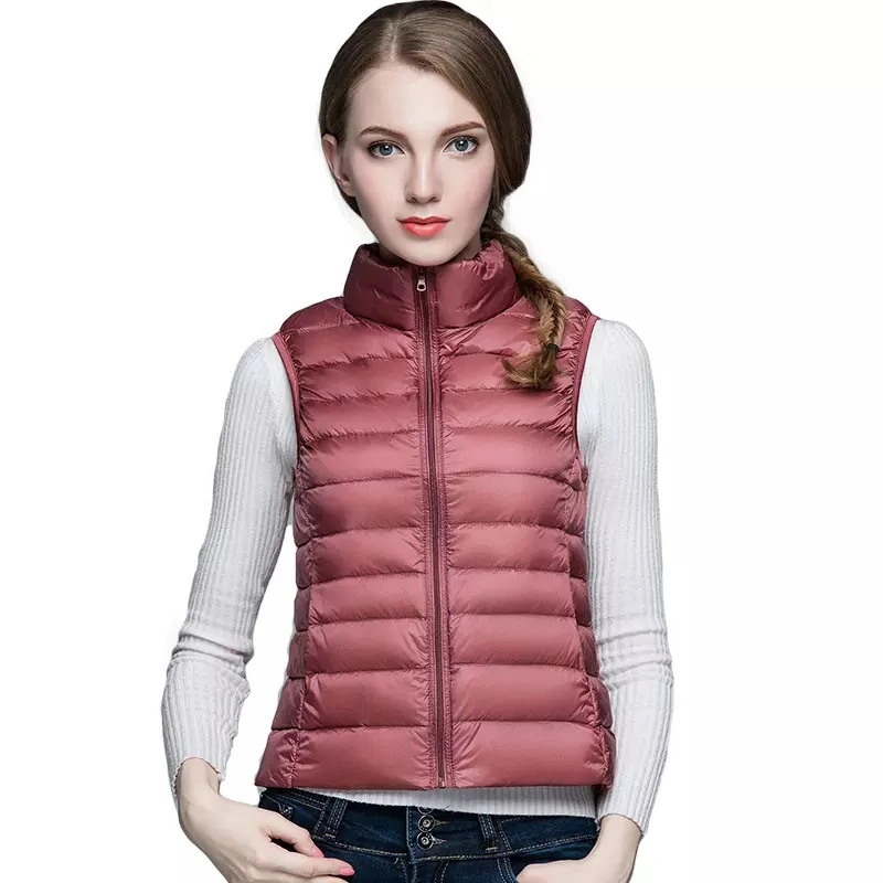 Women Down Vest Pure Color Lightweight Short Casual Fashion Stand-up Collar Down Jacket Coat